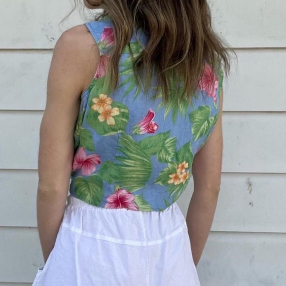 Ralph Lauren 100% Linen Tropical Print Sleeveless Tie Front Cropped Top - Picture 4 of 11
